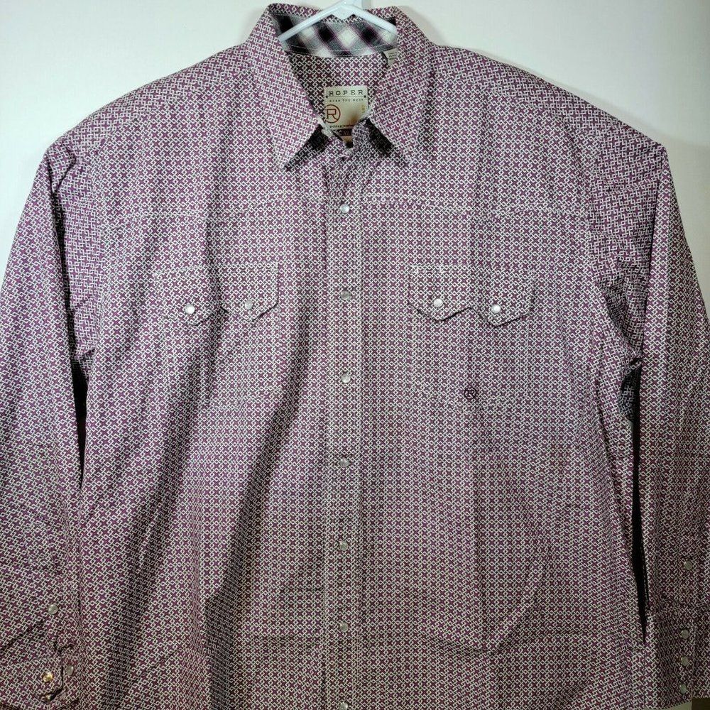 Roper Western Menโs XL Purple White Geometric Pearl Snaps Long Sleeve Shirt